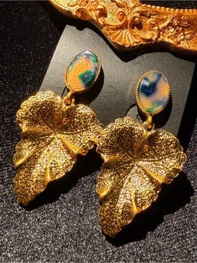 Flore Gold Leaf Drop Earrings with Blue-Green Stone